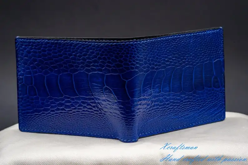  Мужской темно-синий бумажник страуса мужской ручной работы двойного сложения Роскошный кошелек из экзотической кожи для мужчин