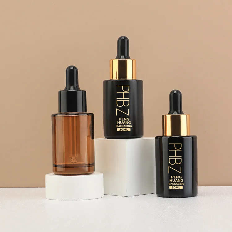 Custom amber black glass serum bottle 1oz 30ml skincare packaging face essential hair oil moisture dropper bottles cosmetic