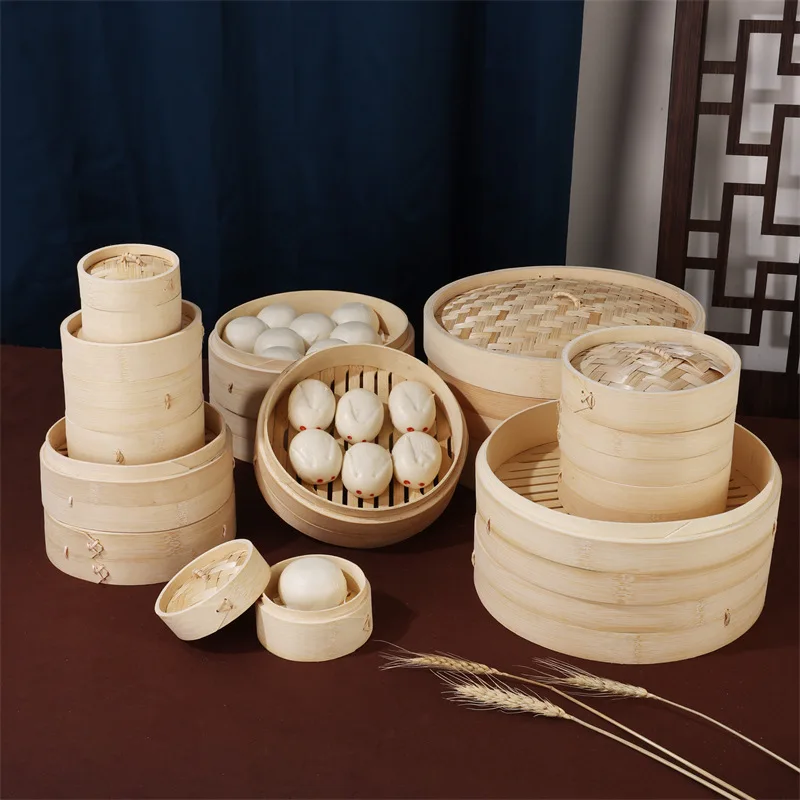Kitchen Food Dim Sums Cookware 2 Tiers Eco Friendly Mini Nature Bamboo Chinese Dumpling Steamers Cooker Basket Set For Cooking