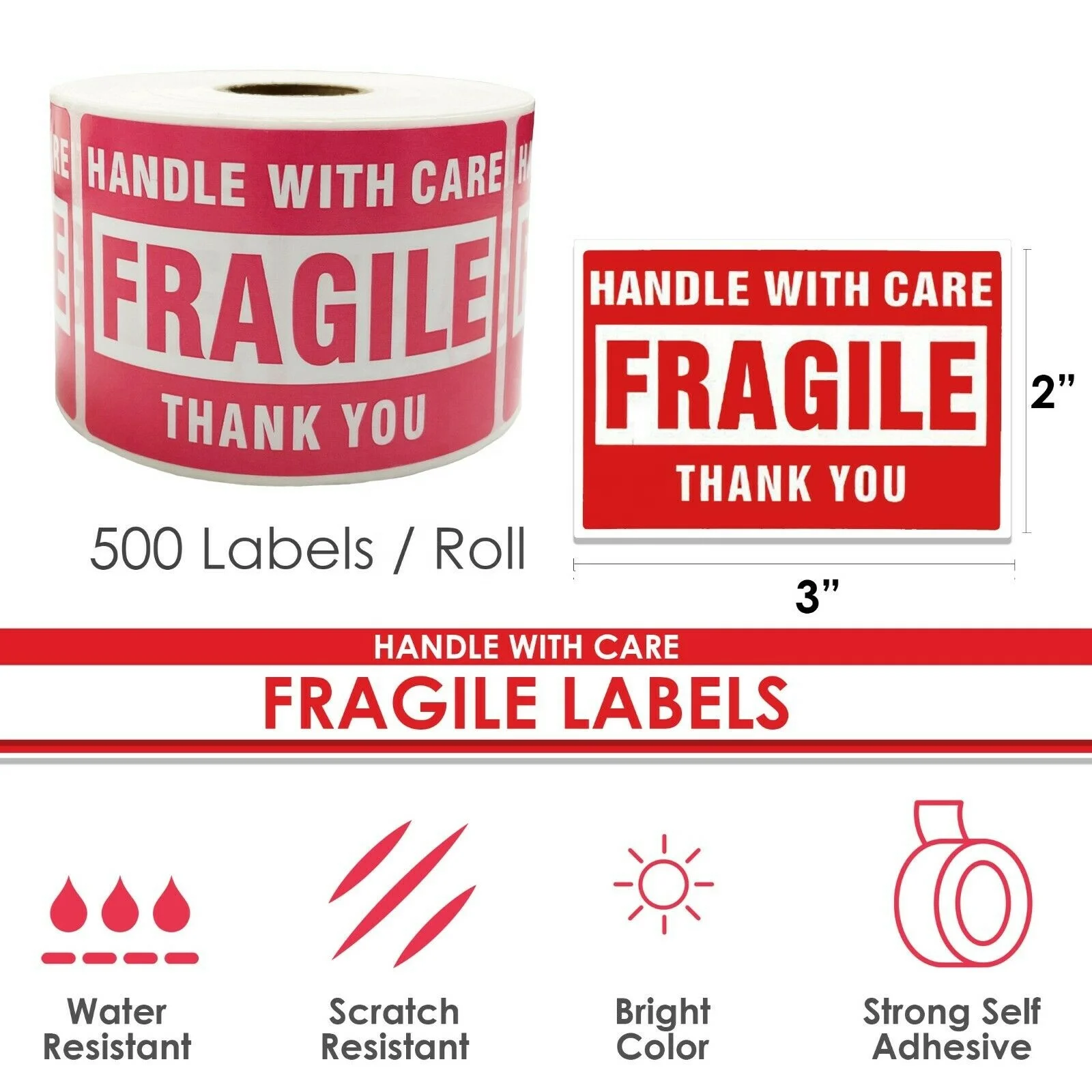 Custom Printed Self Adhesive Red Warning Handle Fragile Packaging Sticker Labels For Shipping Carton