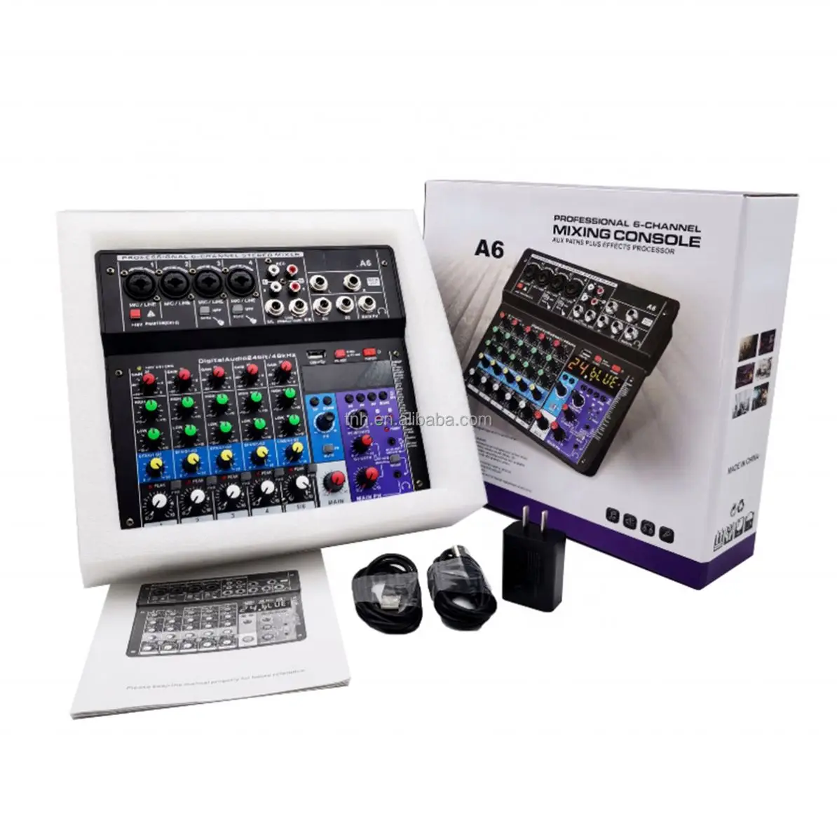 A6 6 Channel Mixing Console Double Seven-segment Equalizer with Monitor 48V Home Computer Live Broadcast Audio Mixer