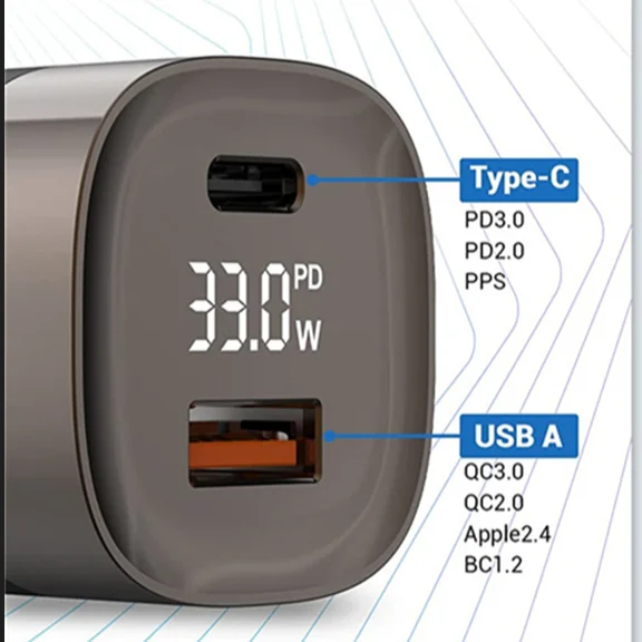 High Quality 33W PD QC3.0 US/UK/EU USB-C Type Android Fast Charging Digital Display Mobile Phone Charger for Iphone Xiaomi