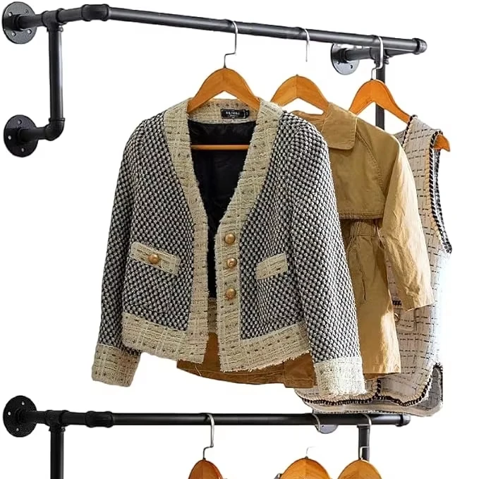 Industrial Pipe Clothing Rack for Hanging Clothes, Wall Mounted Heavy Duty Space Saving Garment Rack, Black