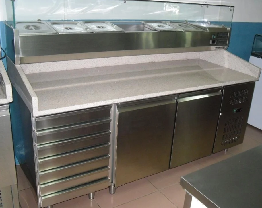 2 двери 6 ящиков Мраморная стеклянная крышка для ресторана приготовления пиццы рабочий стол