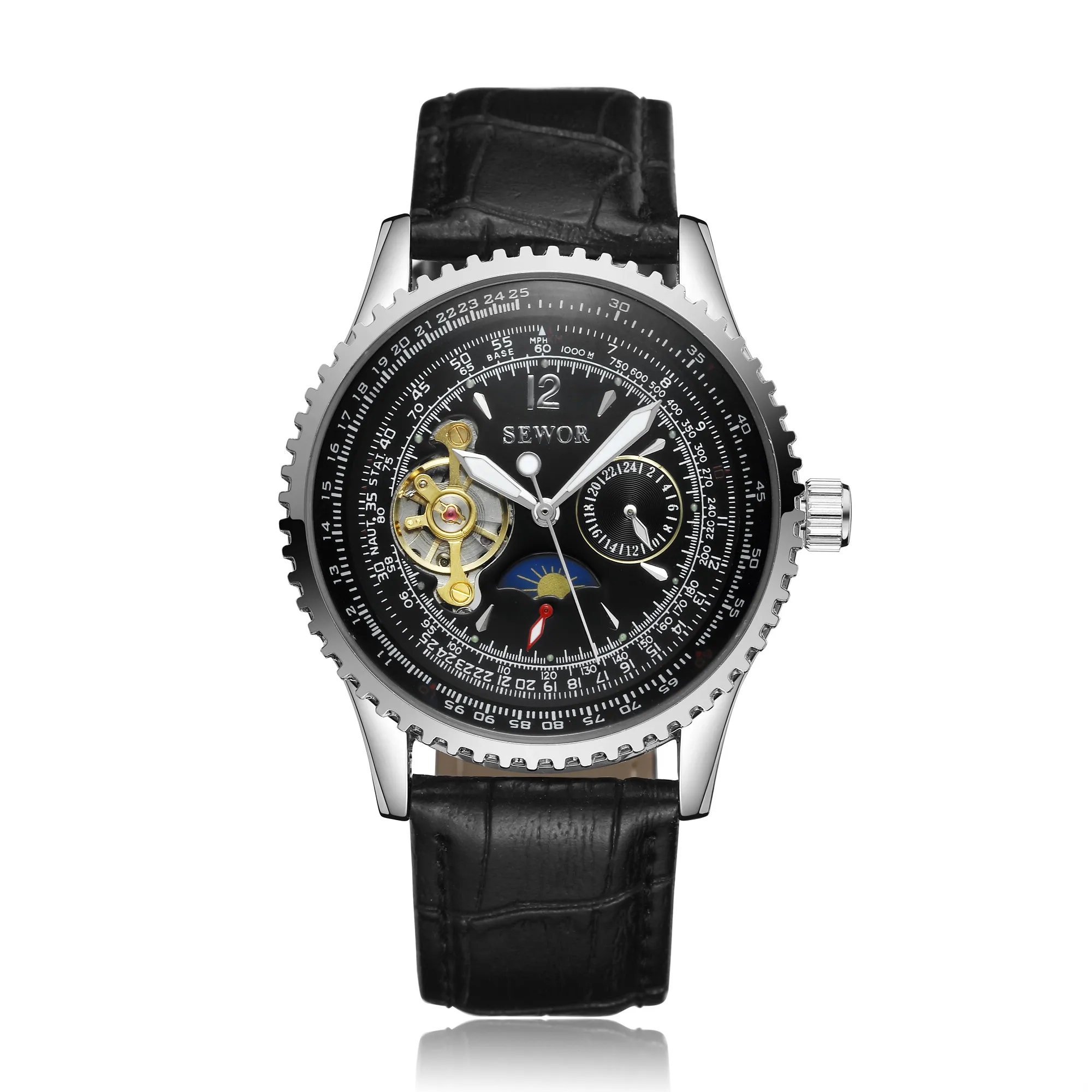 Sewor men black  stainless steel wrist  tourbillon  digital watch mechanical automatic