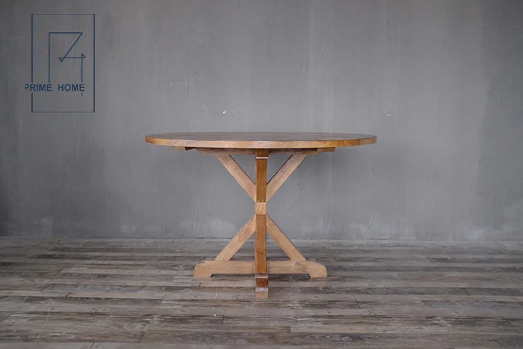 Vintage Rustic Reclaimed Round Pedestal Extendable Oak Wood Dining Table