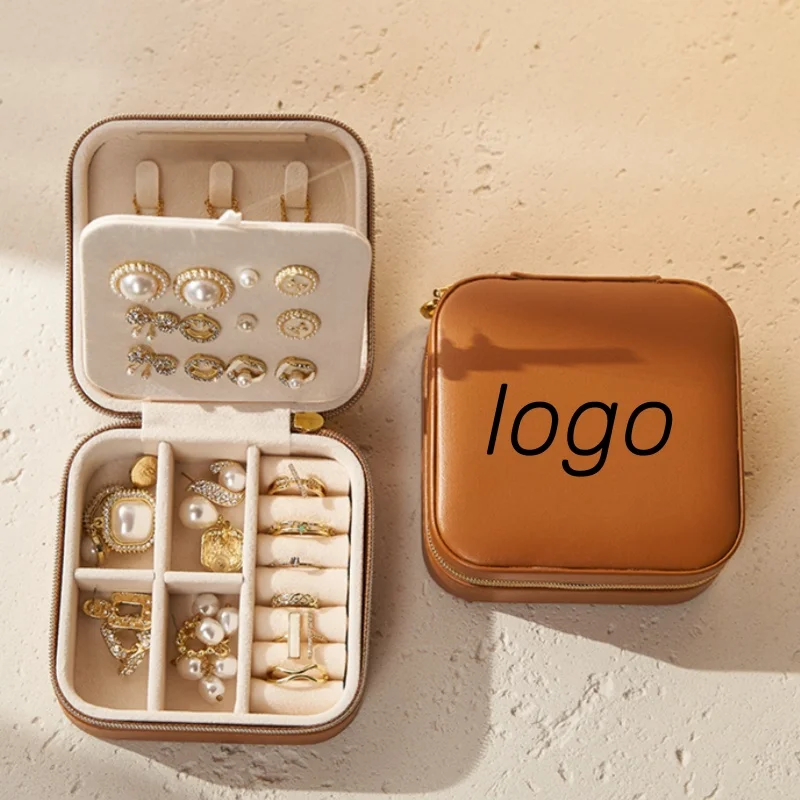 Wholesale Custom Logo Small Portable Jewellery Organizer Brown Pu Leather Travel Jewelry Gift Box with Zipper