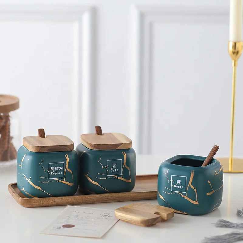 Kitchen Scrub Seasoning Jar Set Two-Pack Marble-Like Ceramic Household Combination  Salt And Sugar Seasoning Pot