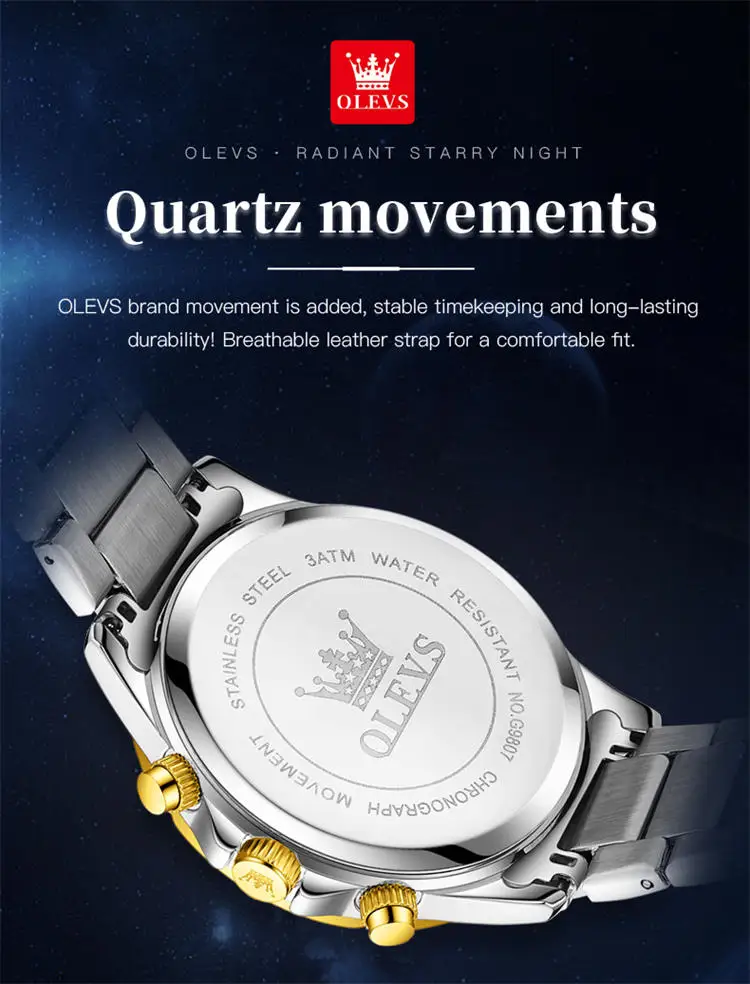 OLEVS 9807 special custom brand  gents quartz watch original Stainless steel band Luminous Chrono stars sun Casual hand watch