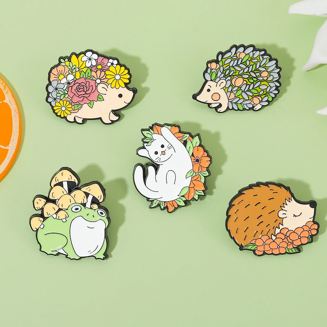 Cartoon Animal Hedgehog Brooch Metal Badge Creative Enamel Pins Frog Mushroom Flower Brass Europe Customized Lapel Pins Plated