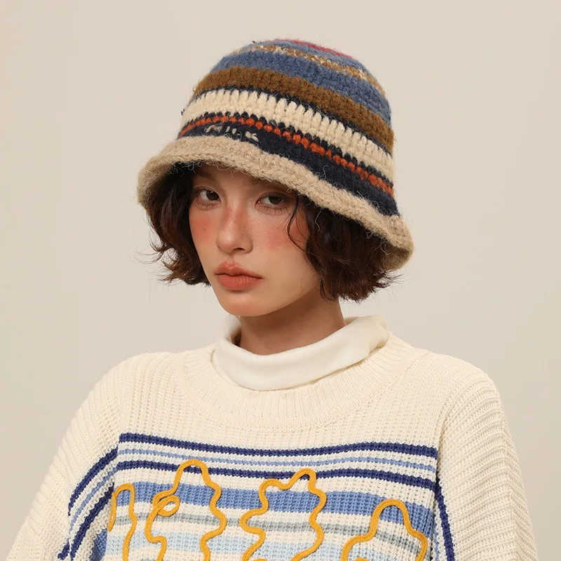 New Arrival Women Colorful Knitted Hand-hooked Striped Bucket Hat For Autumn And Winter crochet knit bucket