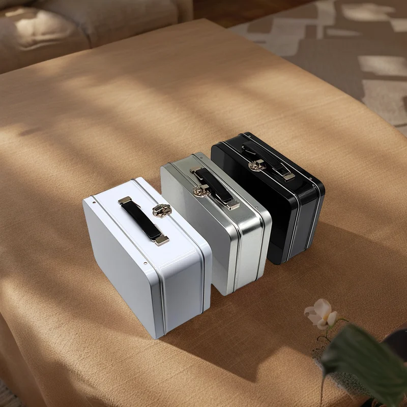 Wholesale Black White Rectangle Metal Tin Lunch Box for Kids Printable Lock Storage Container with Handle for Food Packaging