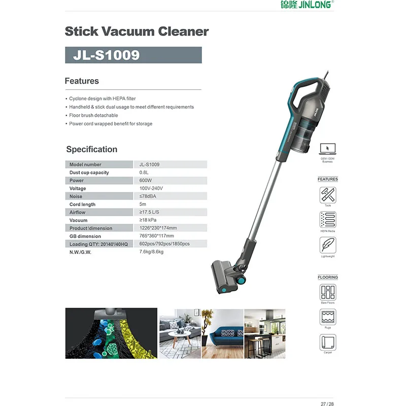 Portable 600W Stick Vacuum Cleaner Big Suction with Vertical Cyclone Design and HEPA Filter Handheld Vacuum Cleaner for Hotels