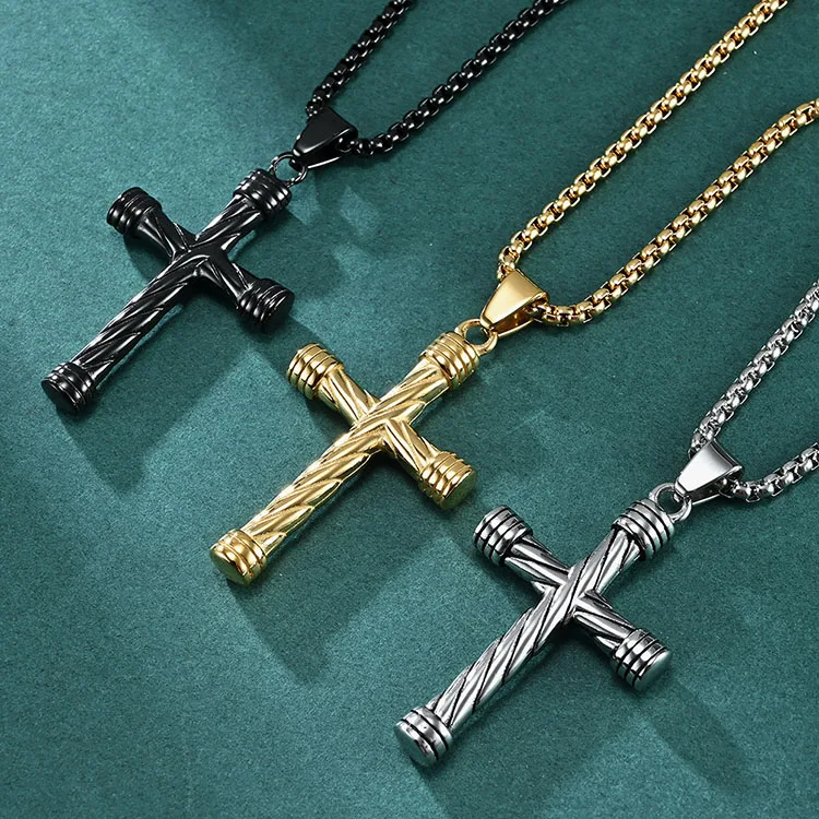 Custom Wholesale High Quality 18K Gold Plated Stainless Steel Fashion Jewelry Popular Cable Wire Cross Mens Pendant Necklace