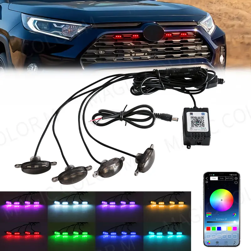 9W RGB Rock for Offroad Truck Car front Middle emblem badge grille led Light APP Controlled, Multicolor, Music Mode, Dimmable