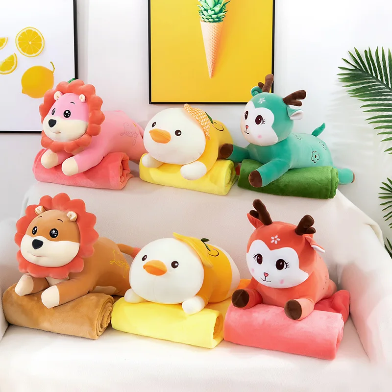 Multifunctional Stuffed Plush Toy Cute Lion Duck Deer Sleeping Pillow Toy Animal With Blanket Soft Toy For Kids