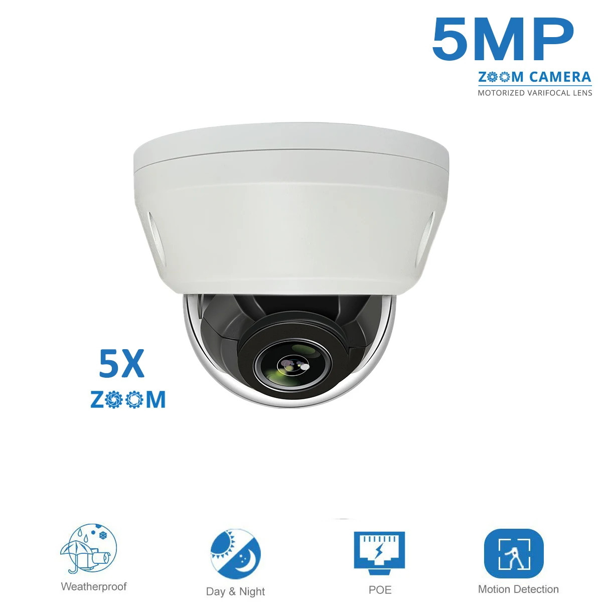  5-мегапиксельная 30 кадр/с моторизованная 5-кратный зум VandalProof Dome IK10 POE IP-камера безопасности наружная H.265 водонепроницаемая Поддержка аудио сигнализации