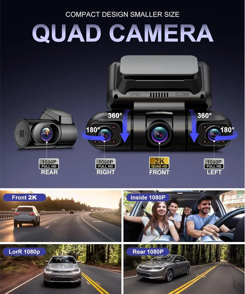 Dash Cam 4 Channel FHD 2K Night Vision Car DVR 360 Panorama HD Auto Video Recorder with Night Vision WiFi GPS Support 256GB