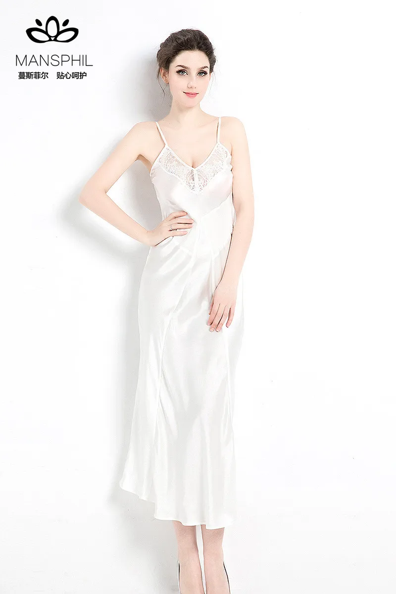 Elegant Nightwear Pure Mulberry Silk Satin Trimmed Lace Sleep Dress Nice Evening Dress
