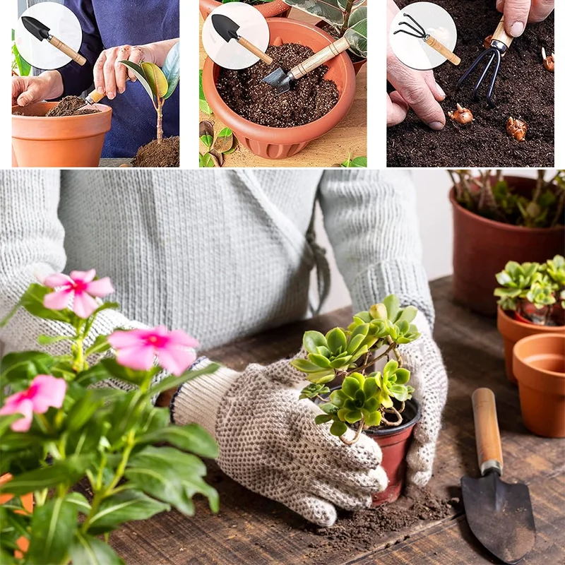 Gardening Gifts Metal Wood Mini Garden Tool Set 3 Pieces Iron Gardening Kit Including Shovel and Rake with Wood