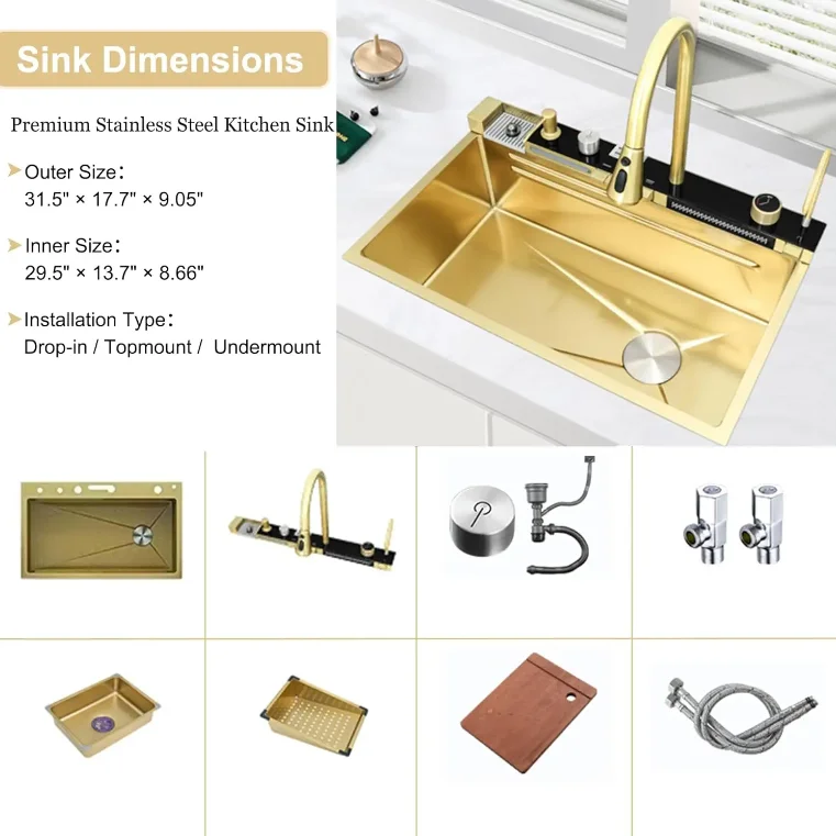 Gold SUS smart kitchen sink stainless steel hand made nano kitchen sink waterfall kitchen sink with digital display