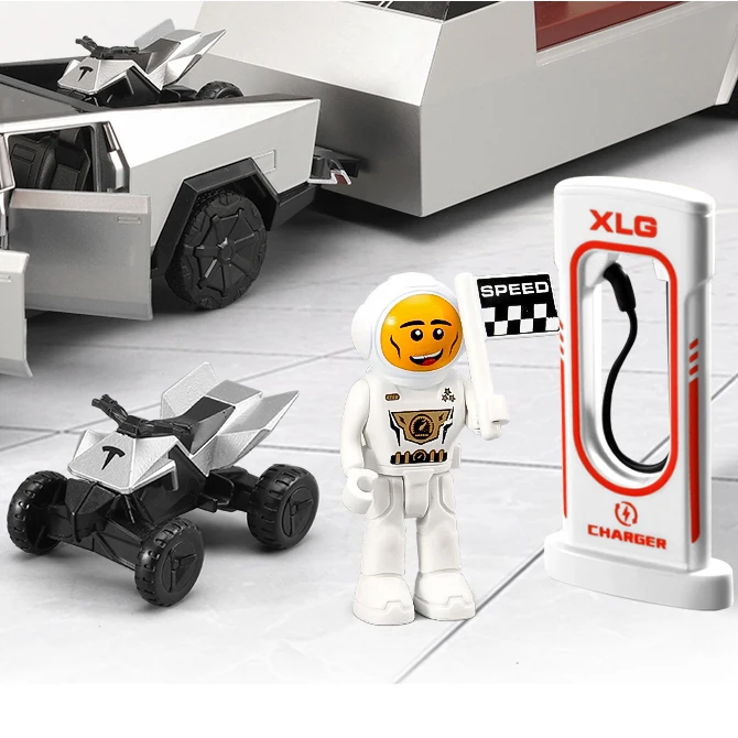 1/24 Die Cast Tesla Cyber Truck Opened Door Pull Back Pick Up Model  With Light&Sound And Alloy Motorbike Die-Cast Car Model