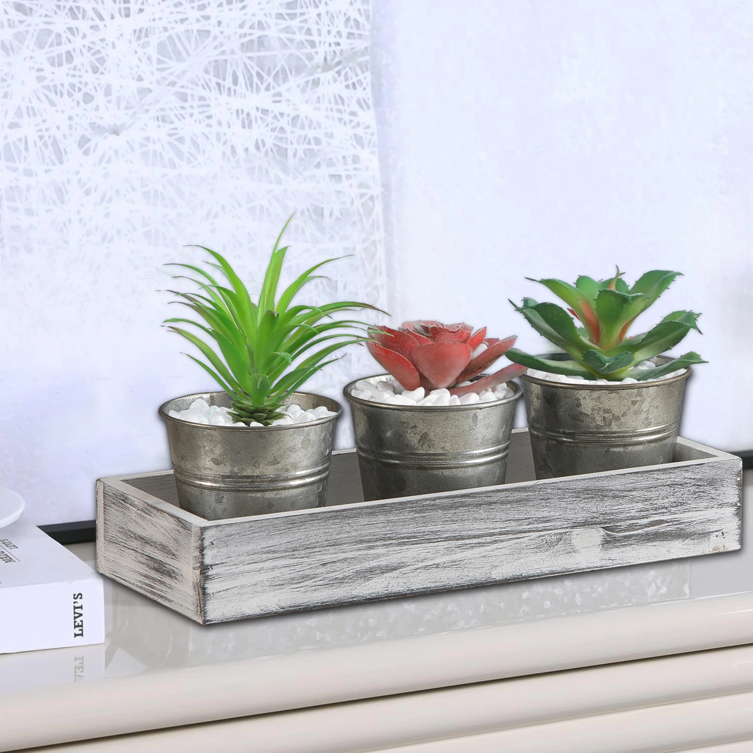 Handmade Herb Garden Planter Set Tray Metal Windowsill Plant Pots Rustic Wood Metal Galvanized Succulent Flower Planter Pot Set