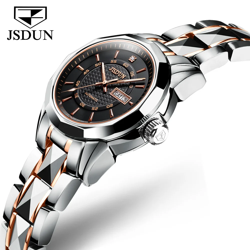 2020 JSDUN OEM Luxury Lady Automatic Stainless Steel Waterproof Auto Date Watches  Mechanical Women Wristwatches