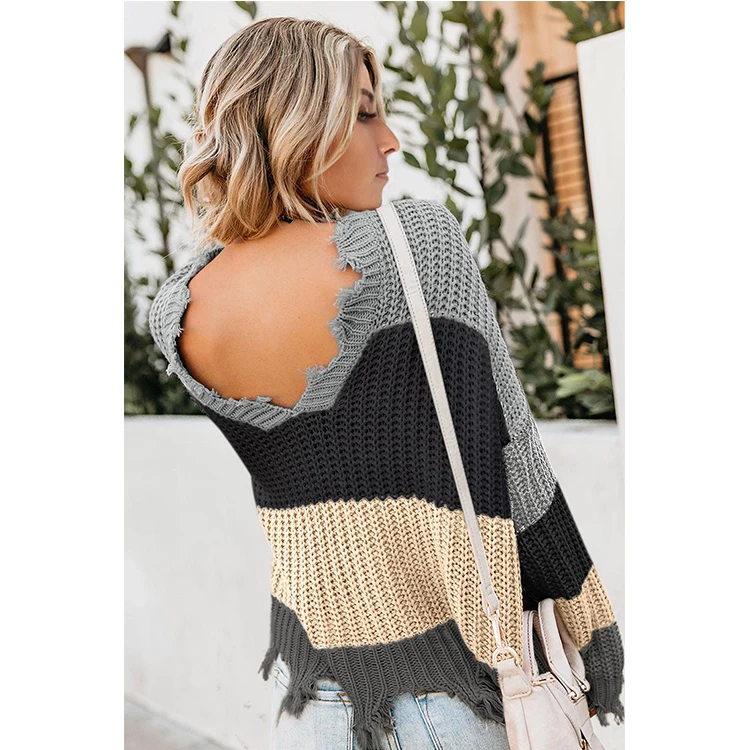 
2019 New Style Winter Striped Color Long Sleeve Women Distressed Sweater Oversize 