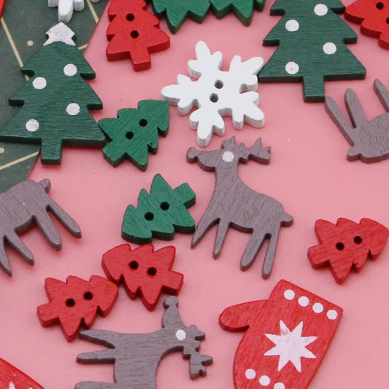 (50 Pcs/pack)Mini Christmas Tree Glove Chip Mixed Decorative Wood Chips Christmas Hanging Decoration Colorful Elk Gift Label DIY