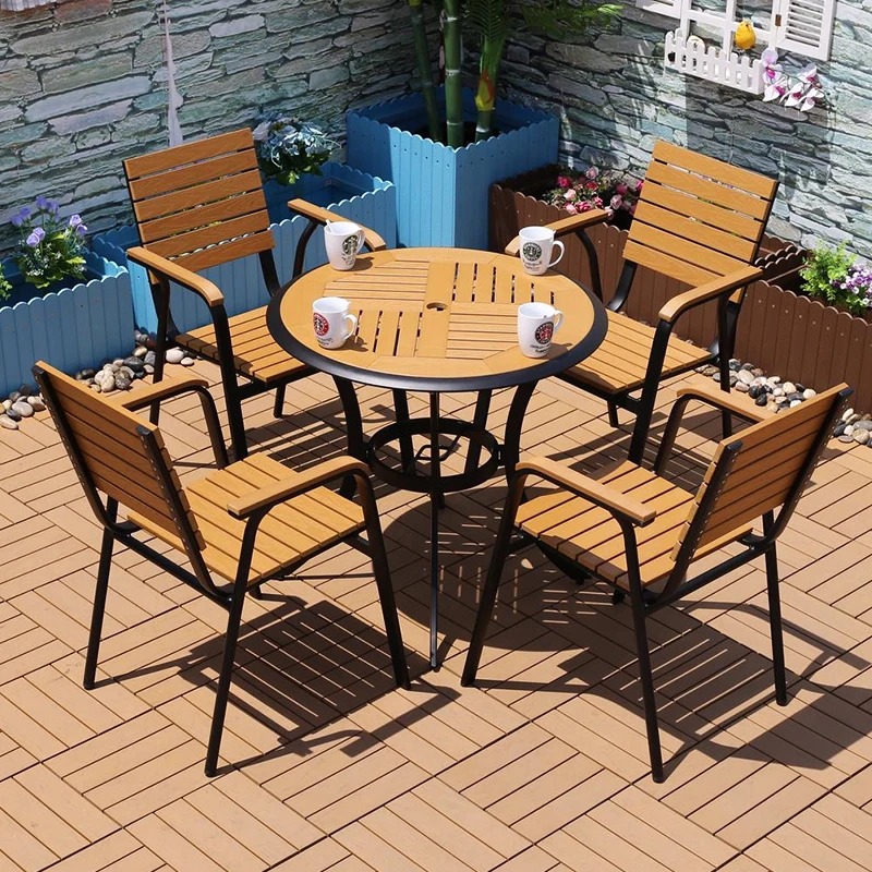 Outdoor furniture restaurant plastic wood dining table set patio furniture picnic coffee table and chairs