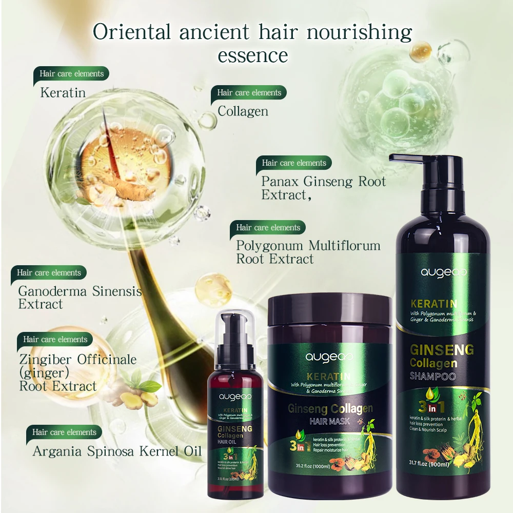 private label anti hair loss care sets Augeas keratin collagen herbal ginseng hair shampoo and conditioner set
