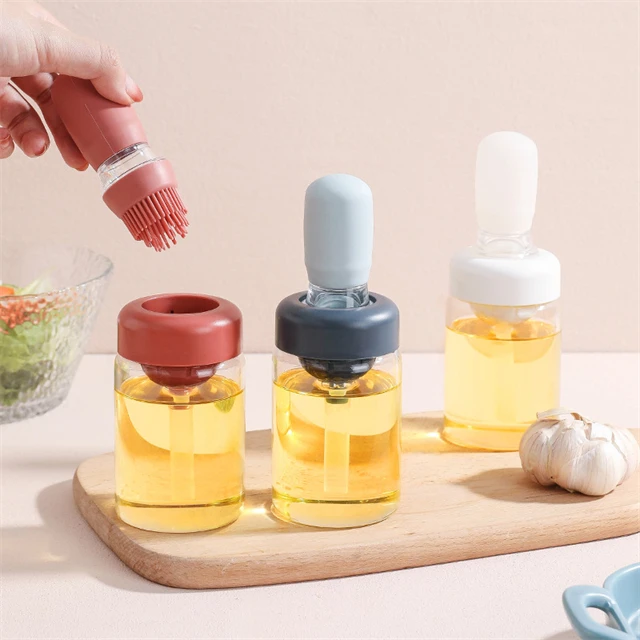J709 Kitchen Cooking Baking BBQ Tools Glass Oil Dispenser Vinegar Bottle 2 in 1 Glass Oil Bottle With Silicone Brush