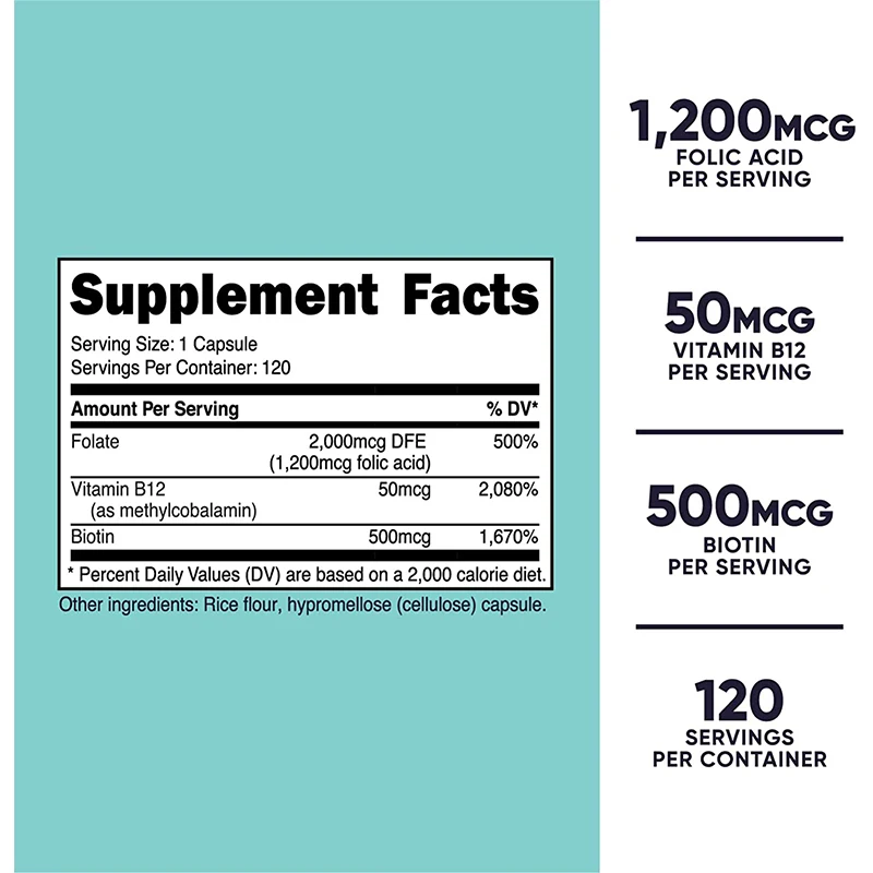 Private Label Folic Acid for Women Vitamin B9 Capsules with B12 and Biotin Veggie Capsules Gluten Free Vitamin Capsules