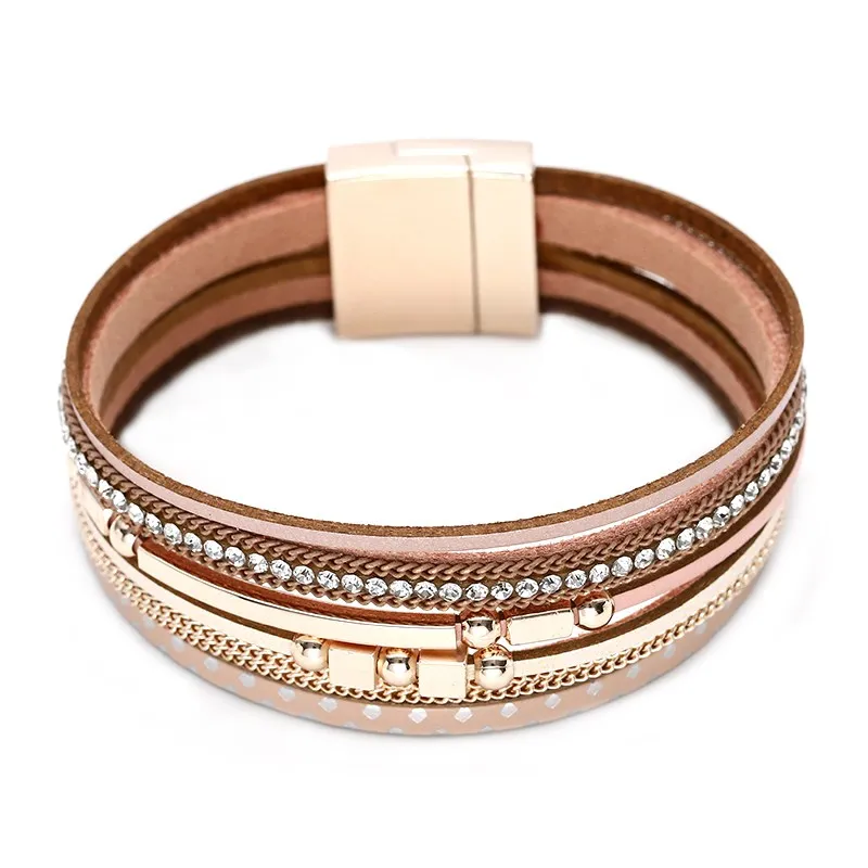 Fashion Braided Rope Cord Wrap PU Leather Bracelet Femme Women Customized Magnetic Clasp Lucky Knot Genuine Leather Bracelet