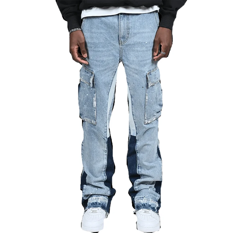 Wholesale custom straight baggy flare jeans men Paint splash hip hop street wear jeans patch fashion denim cargo pants men