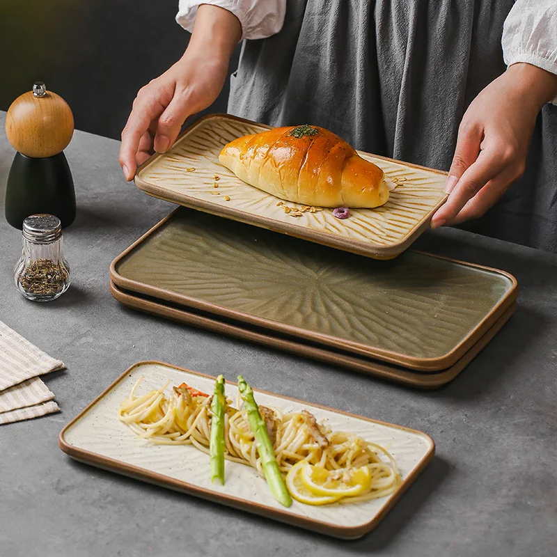 Vintage Matte Black Pottery Ceramic Western Cuisine Steak Plate Under Glazed Rectangular Food Serving Platter Dim Sum Plates