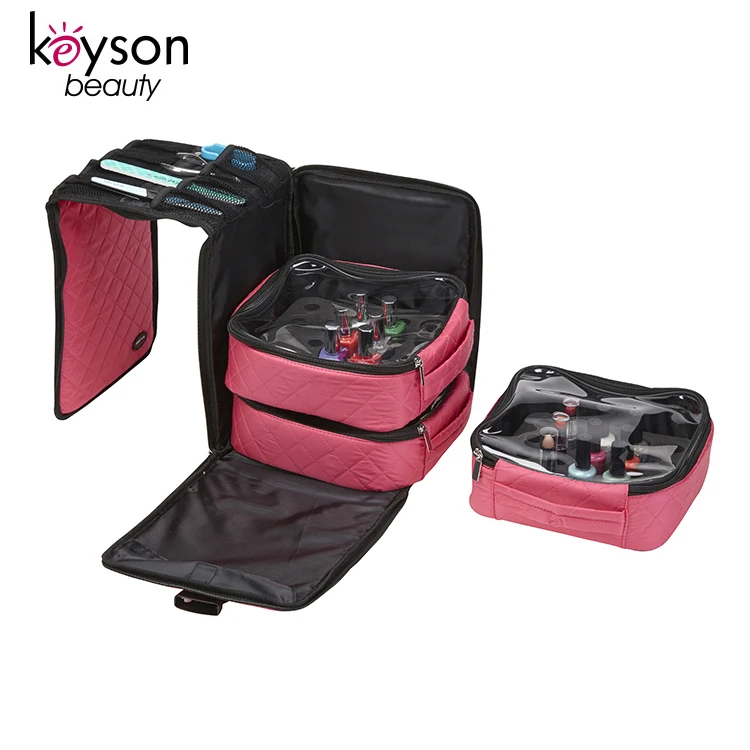 Keyson microfiber pink quilted foldout nail polish storage station with 3 bags