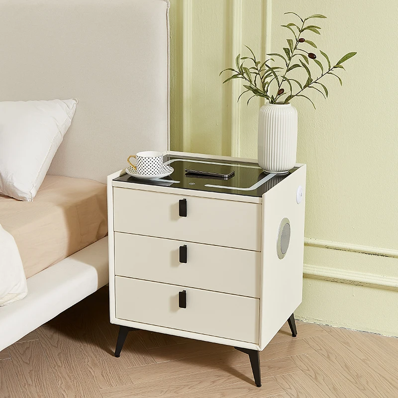 Smart Solid Wooden Night Stand Bedroom Furniture Smart Coffee Table with 3-Light Glass Top USB Wireless Charger Speaker