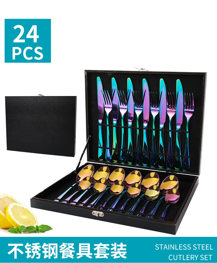 Wholesale Manufacturer Stainless Steel 24pcs Travel Portable Case Luxury Unique Reusable Kitchen Box Wedding Gold Cutlery Set