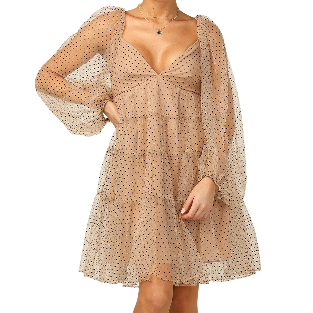 Женская летняя одежда 2021 винтажное платье с длинным рукавом для выпускного вечера сексуальное прозрачное платье-торт миди в горошек