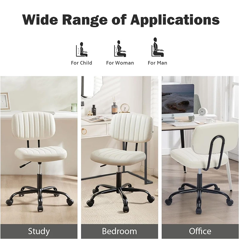 Small Armless Office Chair With Rolling Wheels Low Back Swivel Comfortable White PU Leather Computer Chair