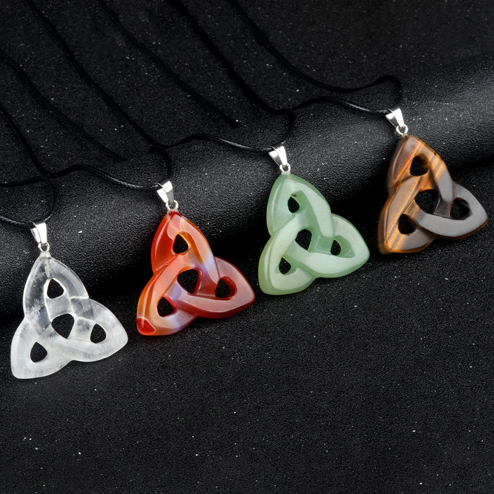 Red Jasper Crystal Irish Celtic Knot Pendant Triangle Shape  38MM Natural Carving Gemstone Stone Hollow Triangle Necklace