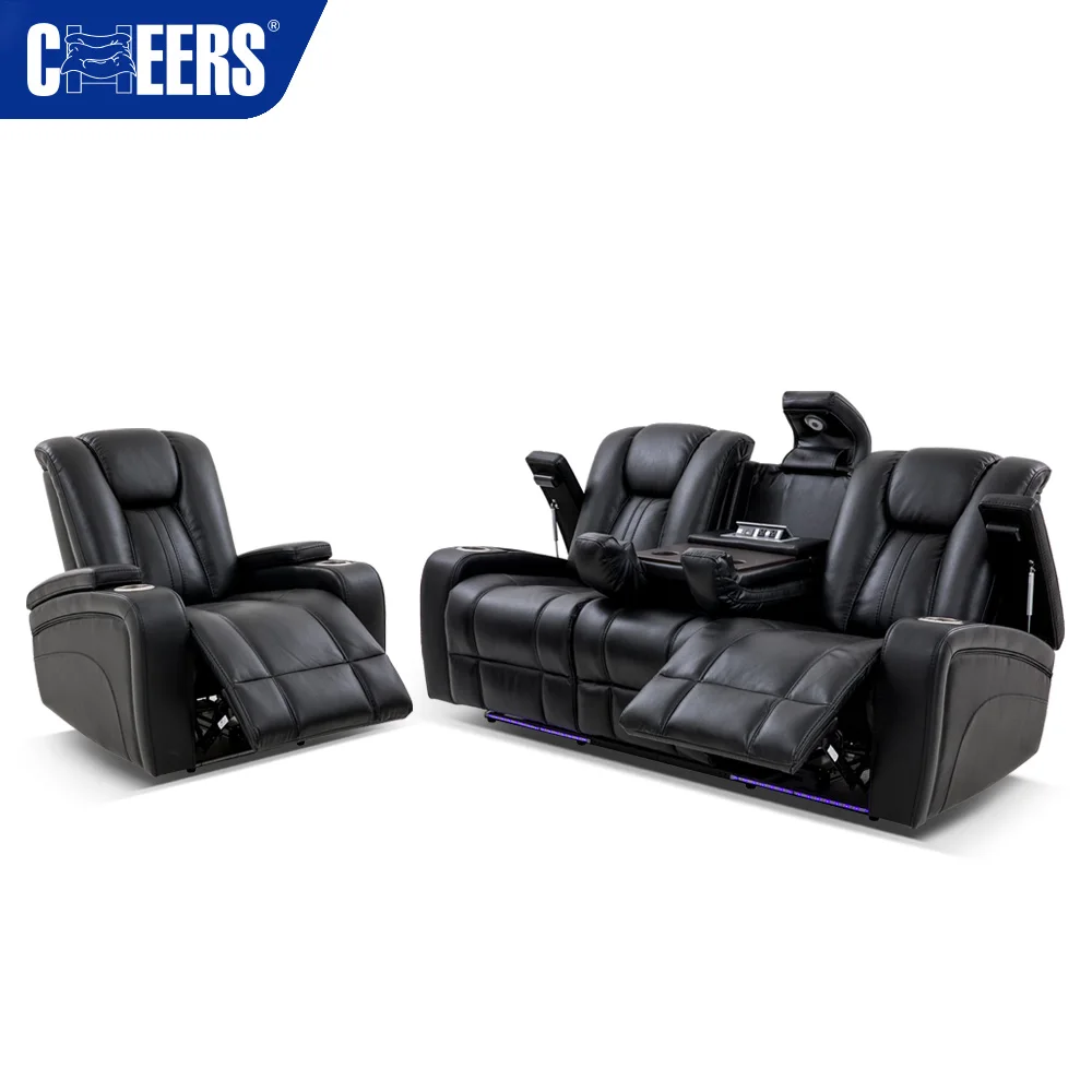 MANWAH CHEERS Electric Fabric 3+2+1 Recliner Sofa Set With Led Light and Storage Box Cup Holder
