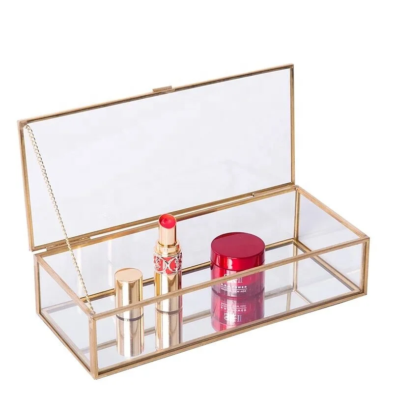 Luxury Handmade Jewellery Box Gold Copper Metal Triangle Geometric Design with Lidded Glass Storage for Home Decor