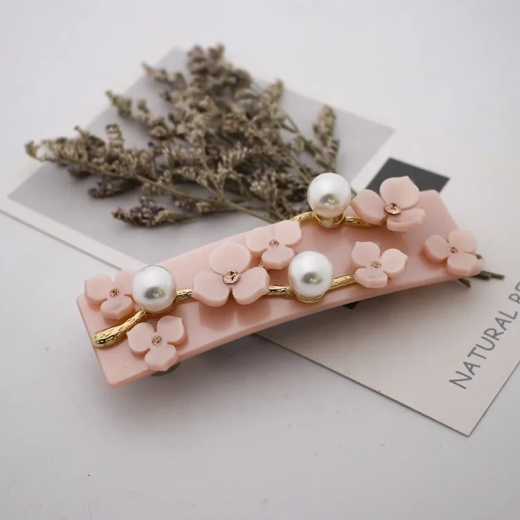 
French Style Fashion Colorful Hair Clips Acetate Pearl Rhinestone Flower Hair Barrettes For Women 