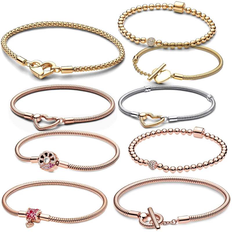 100% 925 Sterling Silver Sparkling Heart Closure T-Bar Snake Chain Bracelet Fit Pan Charm DIY Original Jewelry Making Wholesale