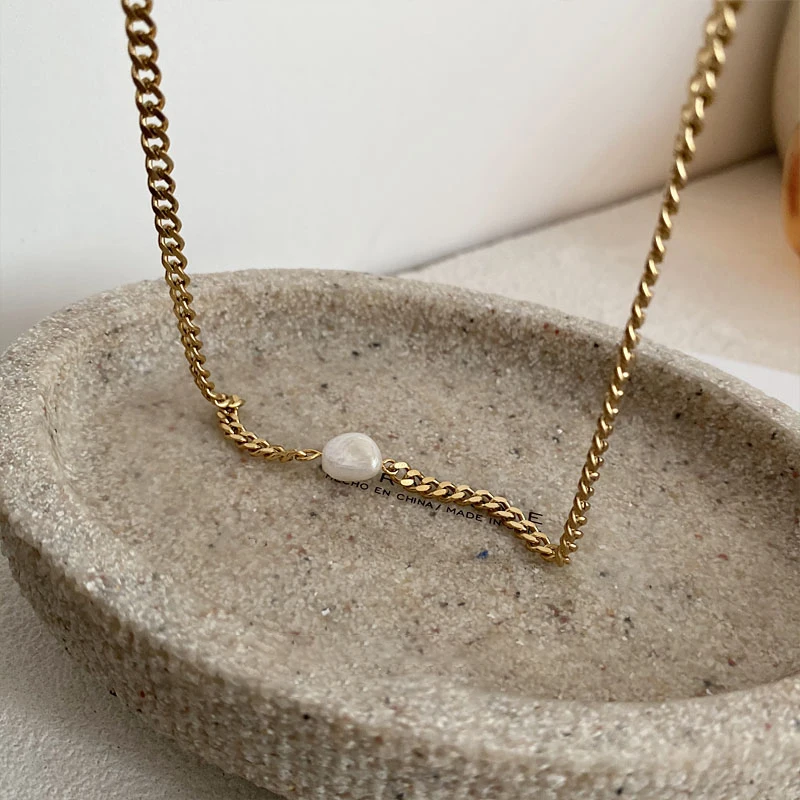 Stainless Steel Cuban Link Chain Natural Pearl Charm Necklace Curb 18K Gold Plated Necklaces Women French INS Elegant Jewelry