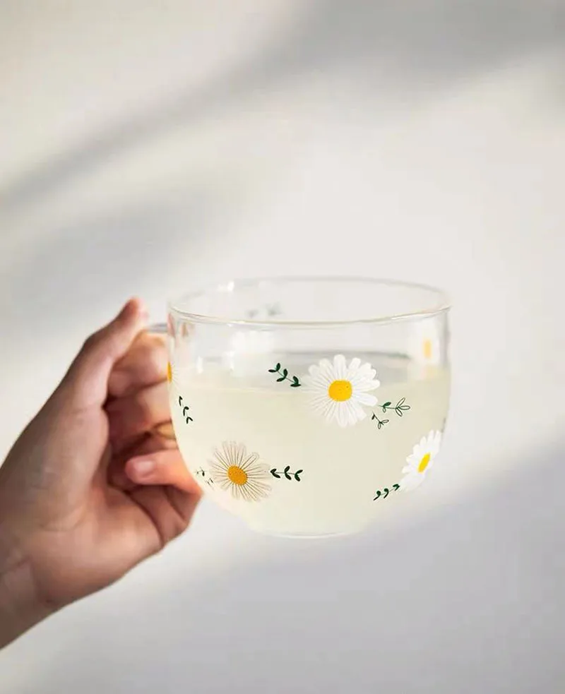 Solhui Cute Daisy Milk Glass Cup Ins French Wine Juice Glasses with Handle