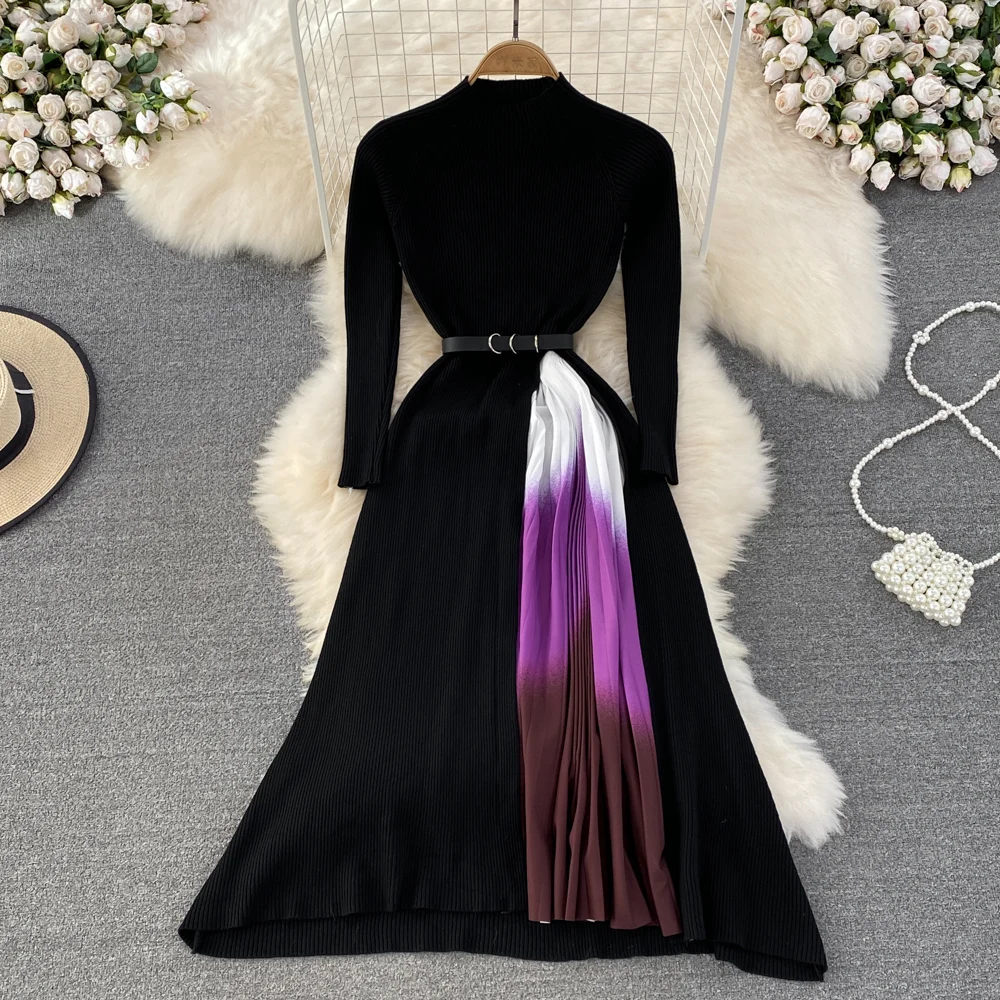 LE2685 Autumn Winter Knitted Dresses Factory Sweater Dresses Ladies Splicing Gradual Change Knitted Pleated Belted Swing Dresses